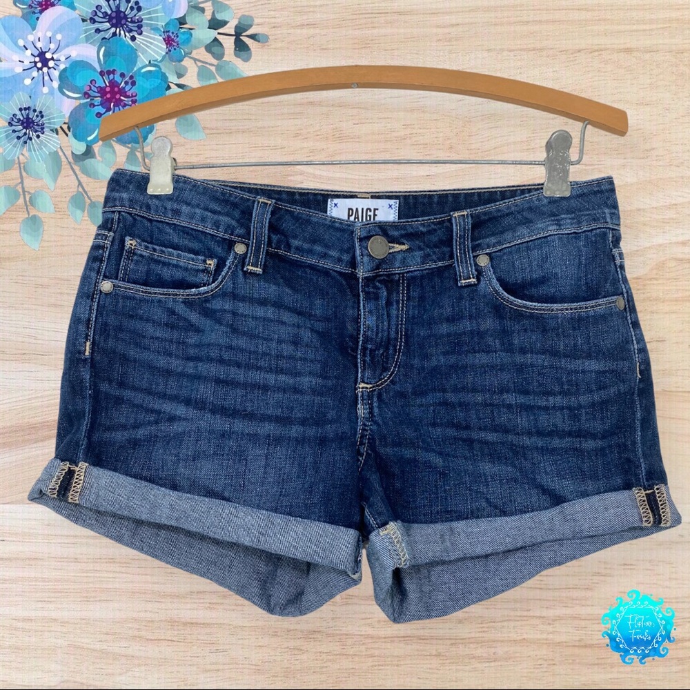 Paige Dark Wash Jimmy Jimmy Blue Jean Shorts w Rolled Hem; 25
